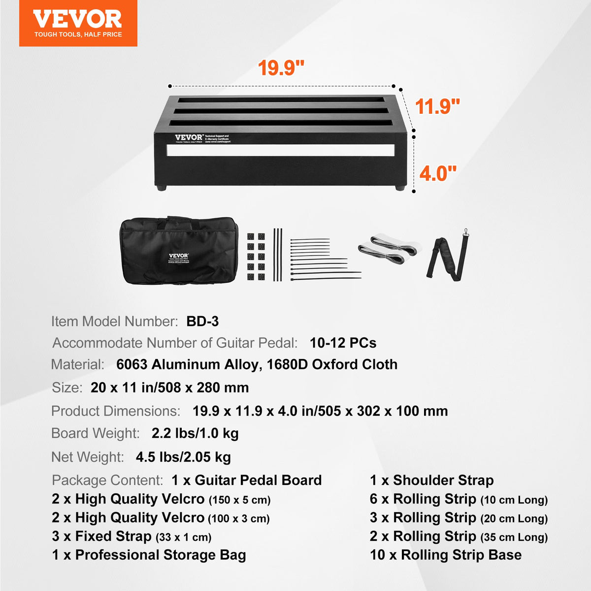 VEVOR Guitar Pedal Board 50.8 × 27.9 cm, Aluminium, for 10–12 Pedals, with Bag and Velcro