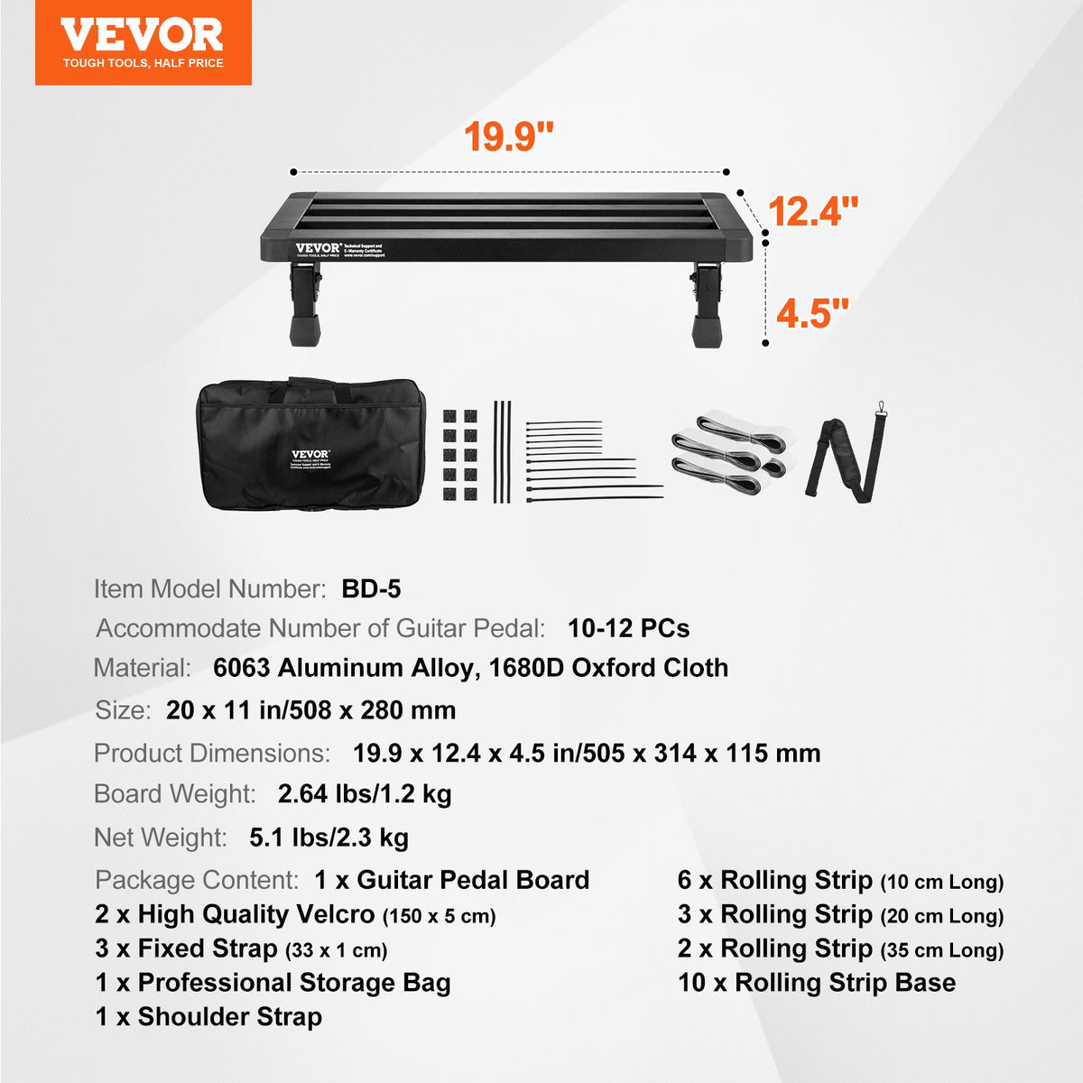 VEVOR kokkupandav kitarri pedaalilaud 50,8 × 27,9 cm, alumiinium, 10–12 pedaalile, koti ja takjapaelaga