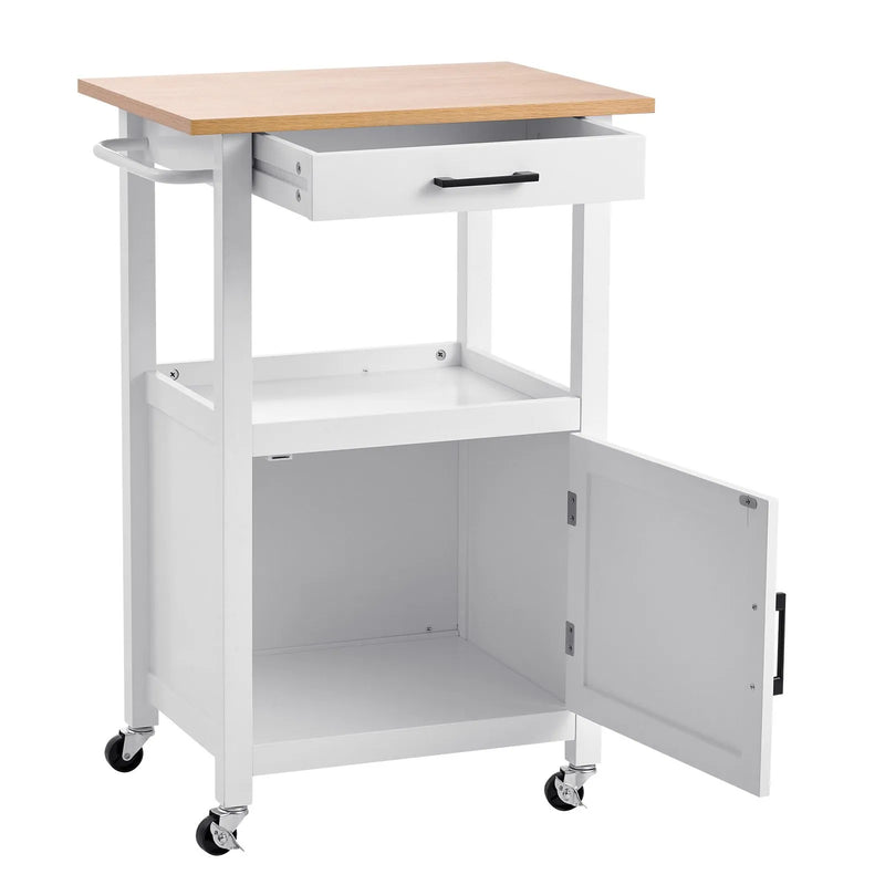 VEVOR virtuves sala ar vienu skapīša durvīm, mobilais virtuves galds ar atvilktni, dvieļu turētāju un āķiem, pārvietojams galds uz grozāmiem riteņiem, kompakta kafijas stacija un mikroviļņu krāsns statīvs ēdamistabai, 45 × 59 cm, balta