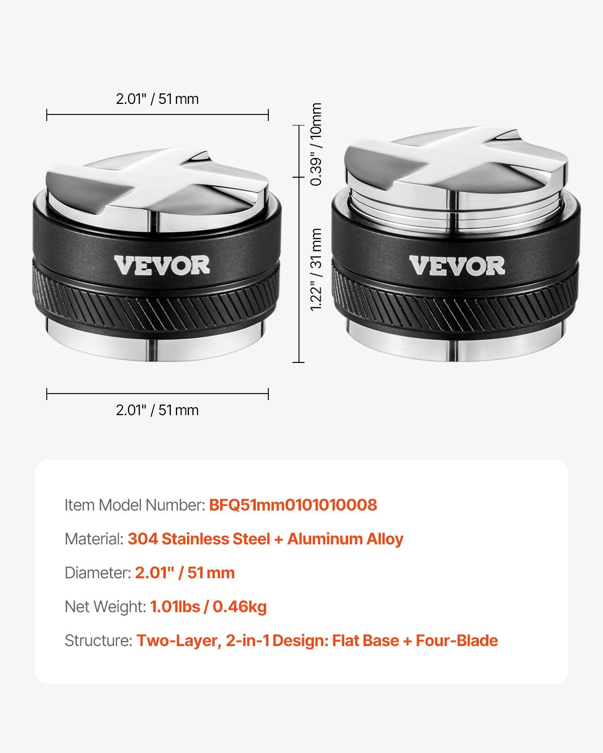 VEVOR kafijas sadalītājs 51 mm, 2-in-1 regulējams espresso distributors