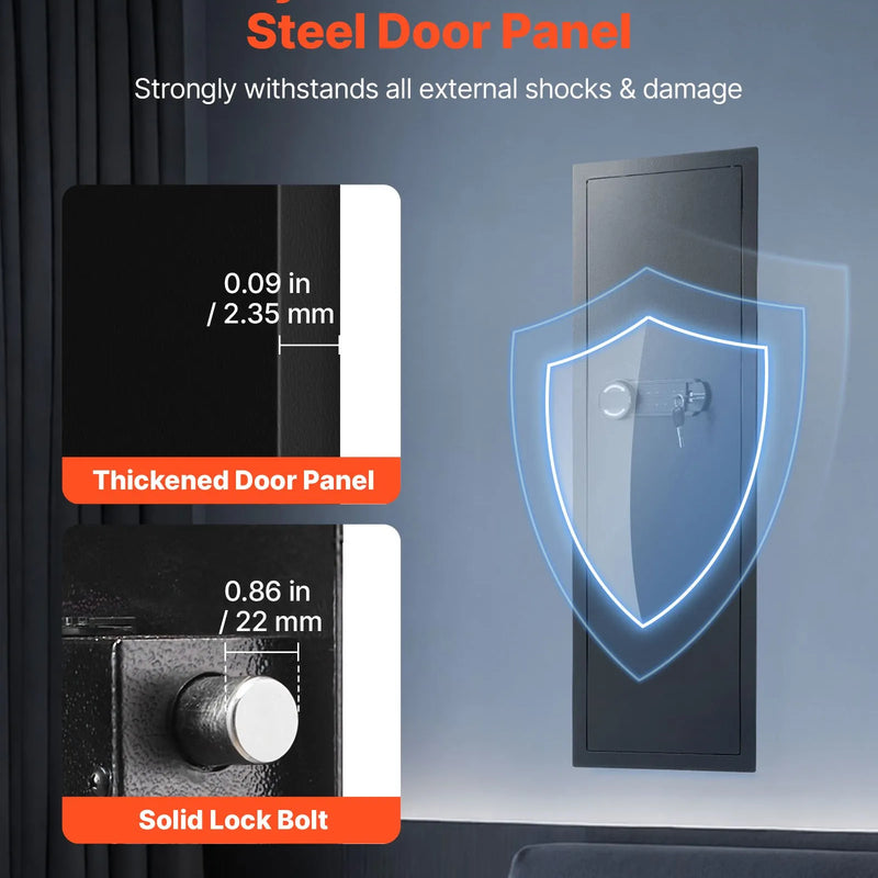 VEVOR sienas seifs ieročiem ar slēptu montāžu, 4 līmeņu sienā iebūvēts seifs ar paroles un atslēgas atbloķēšanu, Q235 auksti velmēta tērauda korpuss ar LED apgaismojumu, 3 regulējami plaukti un atslēgu turētāji naudai, rotaslietām un dokumentiem, melns