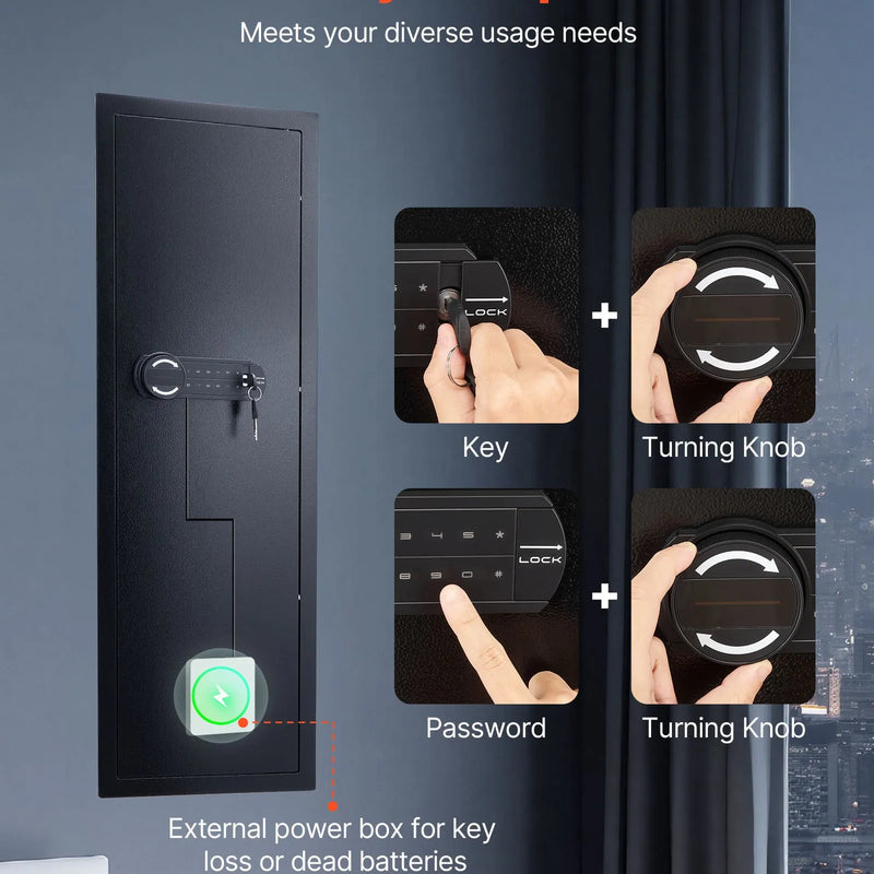 VEVOR sienas seifs ieročiem ar slēptu montāžu, 4 līmeņu sienā iebūvēts seifs ar paroles un atslēgas atbloķēšanu, Q235 auksti velmēta tērauda korpuss ar LED apgaismojumu, 3 regulējami plaukti un atslēgu turētāji naudai, rotaslietām un dokumentiem, melns