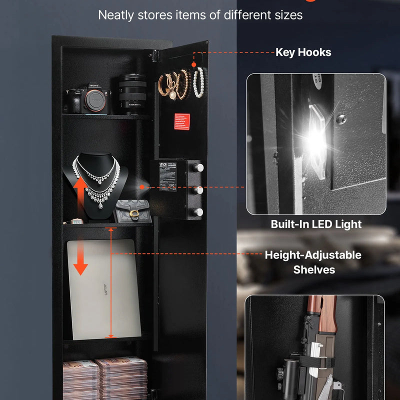 VEVOR sienas seifs ieročiem ar slēptu montāžu, 4 līmeņu sienā iebūvēts seifs ar paroles un atslēgas atbloķēšanu, Q235 auksti velmēta tērauda korpuss ar LED apgaismojumu, 3 regulējami plaukti un atslēgu turētāji naudai, rotaslietām un dokumentiem, melns