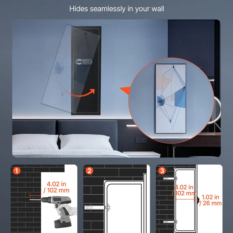 VEVOR sienas seifs ieročiem ar slēptu montāžu, 4 līmeņu sienā iebūvēts seifs ar paroles un atslēgas atbloķēšanu, Q235 auksti velmēta tērauda korpuss ar LED apgaismojumu, 3 regulējami plaukti un atslēgu turētāji naudai, rotaslietām un dokumentiem, melns