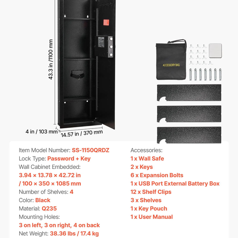 VEVOR sienas seifs ieročiem ar slēptu montāžu, 4 līmeņu sienā iebūvēts seifs ar paroles un atslēgas atbloķēšanu, Q235 auksti velmēta tērauda korpuss ar LED apgaismojumu, 3 regulējami plaukti un atslēgu turētāji naudai, rotaslietām un dokumentiem, melns