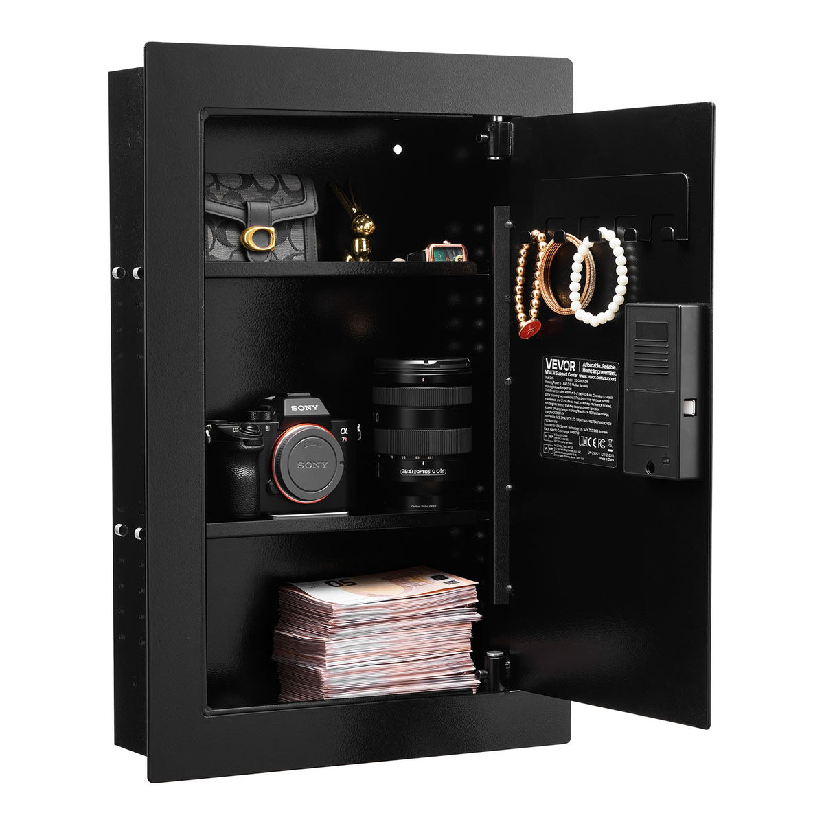 VEVOR Wall Safe with Hidden Installation, 3-Level In-Wall Safe with Fingerprint, Password, Key and Rotating Handle Unlock, Q235 Steel Body with Adjustable Shelves and Key Holders for Money, Jewellery and Documents
