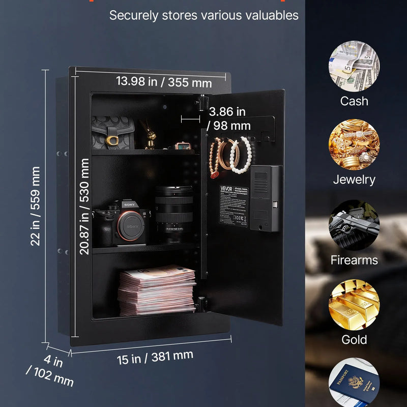 VEVOR sienas seifs ar slēptu montāžu, 3 līmeņu sienā iebūvēts seifs ar pirkstu nospieduma, paroles, atslēgas un pagriežamā roktura atbloķēšanu, Q235 tērauda korpuss ar regulējamiem plauktiem un atslēgu turētājiem naudai, rotaslietām un dokumentiem