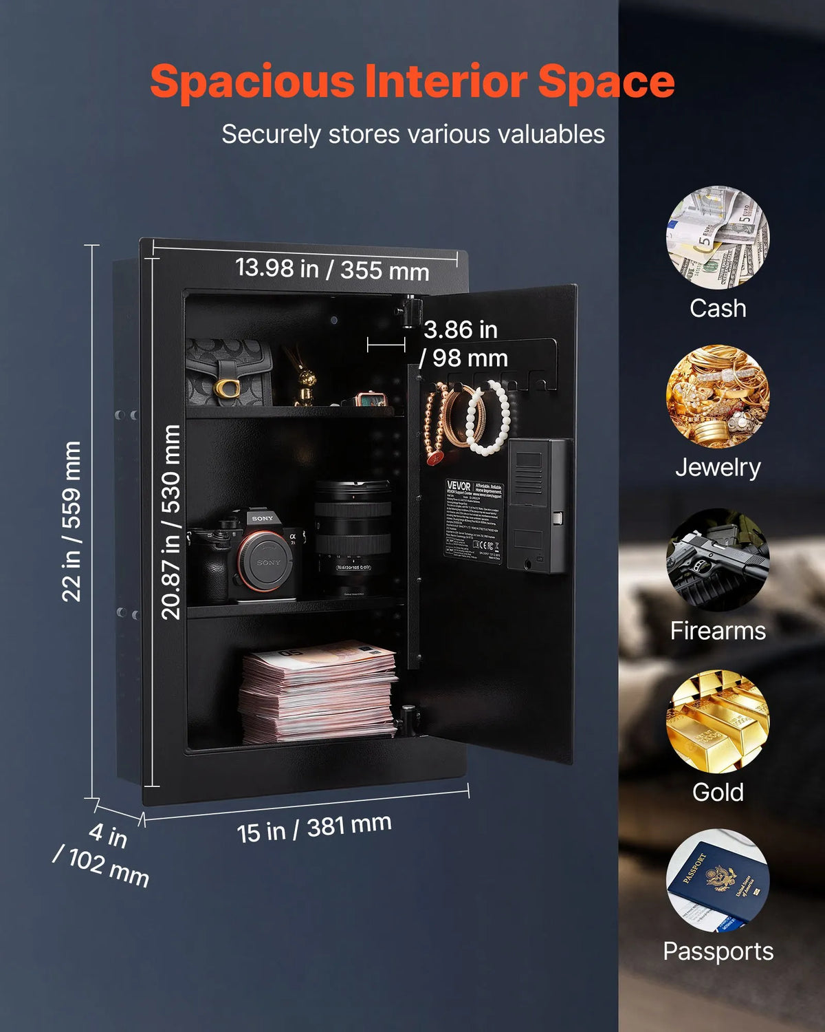 VEVOR Wall Safe with Hidden Installation, 3-Level In-Wall Safe with Fingerprint, Password, Key and Rotating Handle Unlock, Q235 Steel Body with Adjustable Shelves and Key Holders for Money, Jewellery and Documents