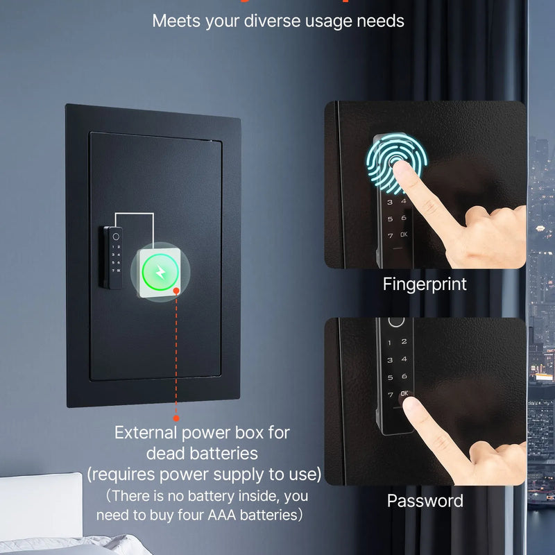 VEVOR sienas seifs ar slēptu montāžu, 3 līmeņu sienā iebūvēts seifs ar pirkstu nospieduma, paroles, atslēgas un pagriežamā roktura atbloķēšanu, Q235 tērauda korpuss ar regulējamiem plauktiem un atslēgu turētājiem naudai, rotaslietām un dokumentiem