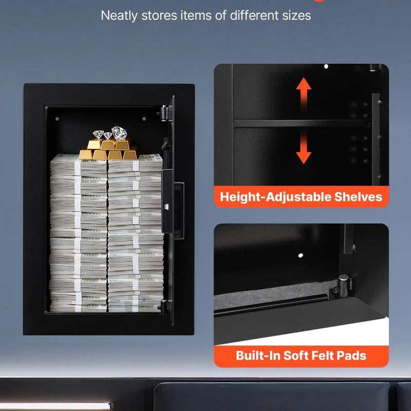 VEVOR sienas seifs ar slēptu montāžu, 3 līmeņu sienā iebūvēts seifs ar pirkstu nospieduma, paroles, atslēgas un pagriežamā roktura atbloķēšanu, Q235 tērauda korpuss ar regulējamiem plauktiem un atslēgu turētājiem naudai, rotaslietām un dokumentiem