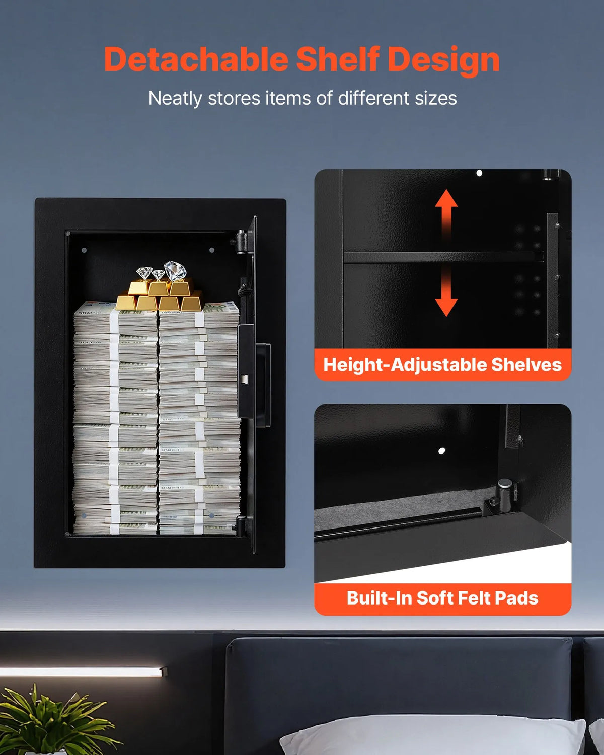VEVOR Wall Safe with Hidden Installation, 3-Level In-Wall Safe with Fingerprint, Password, Key and Rotating Handle Unlock, Q235 Steel Body with Adjustable Shelves and Key Holders for Money, Jewellery and Documents