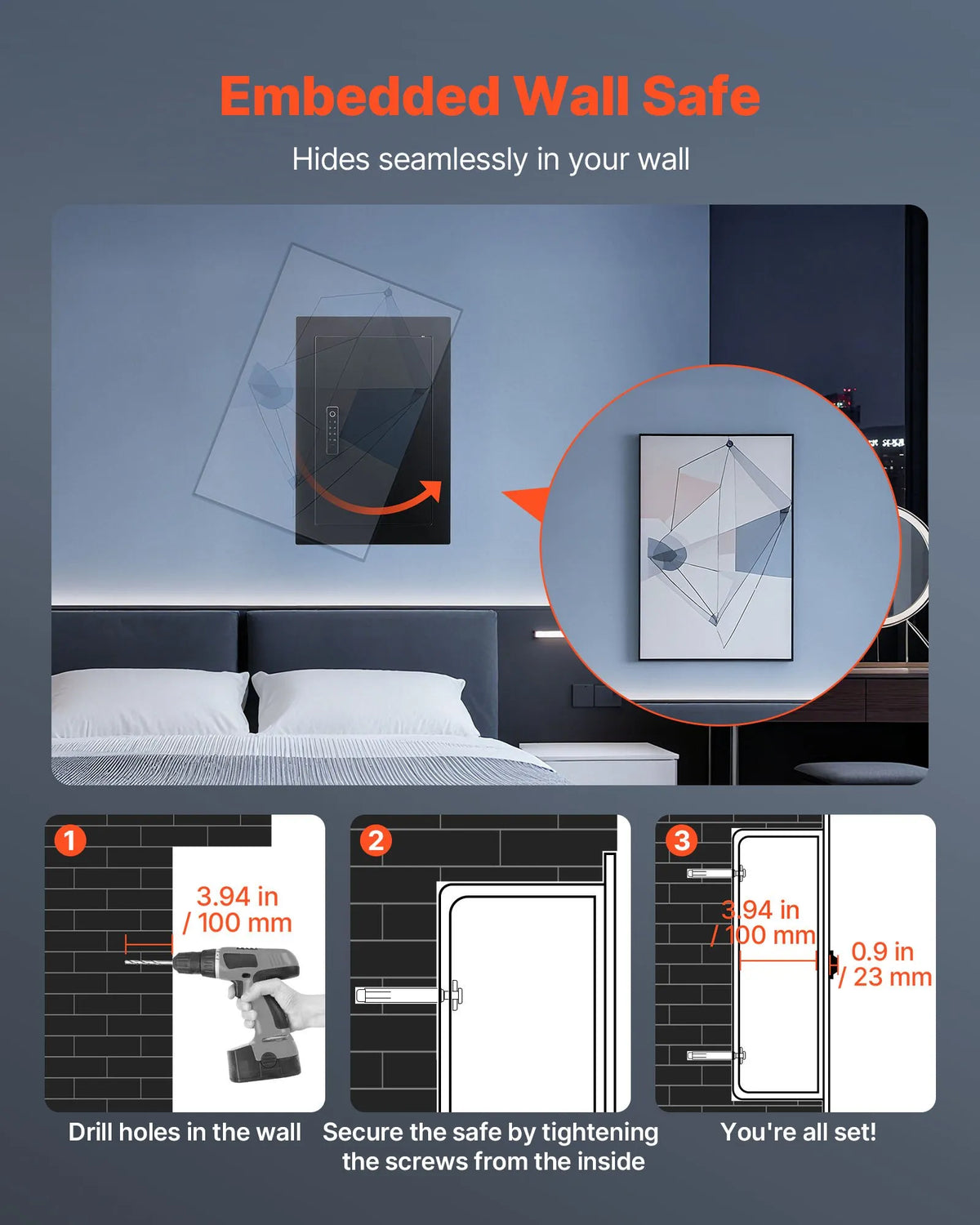 VEVOR Wall Safe with Hidden Installation, 3-Level In-Wall Safe with Fingerprint, Password, Key and Rotating Handle Unlock, Q235 Steel Body with Adjustable Shelves and Key Holders for Money, Jewellery and Documents