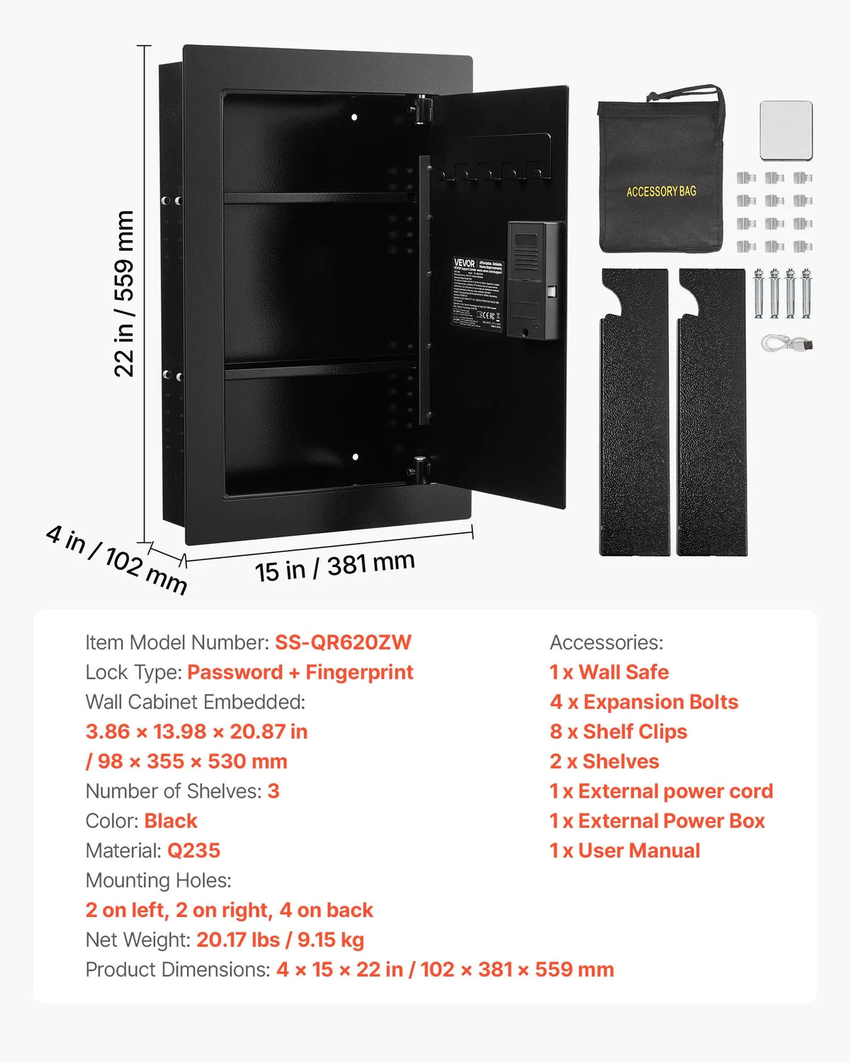 VEVOR Wall Safe with Hidden Installation, 3-Level In-Wall Safe with Fingerprint, Password, Key and Rotating Handle Unlock, Q235 Steel Body with Adjustable Shelves and Key Holders for Money, Jewellery and Documents