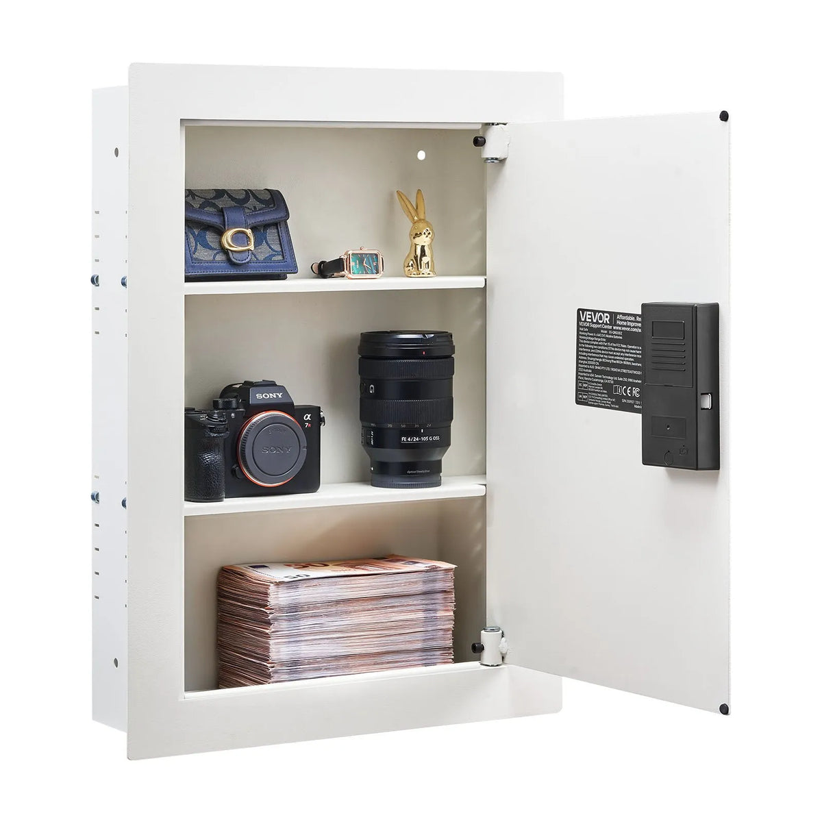VEVOR Wall Safe with Hidden Installation, 3-Level In-Wall Safe with Password, Key and Rotary Handle Unlock, Q235 Cold-Rolled Steel Body with Adjustable Shelves and Mounting Openings for Money, Jewellery and Documents, White