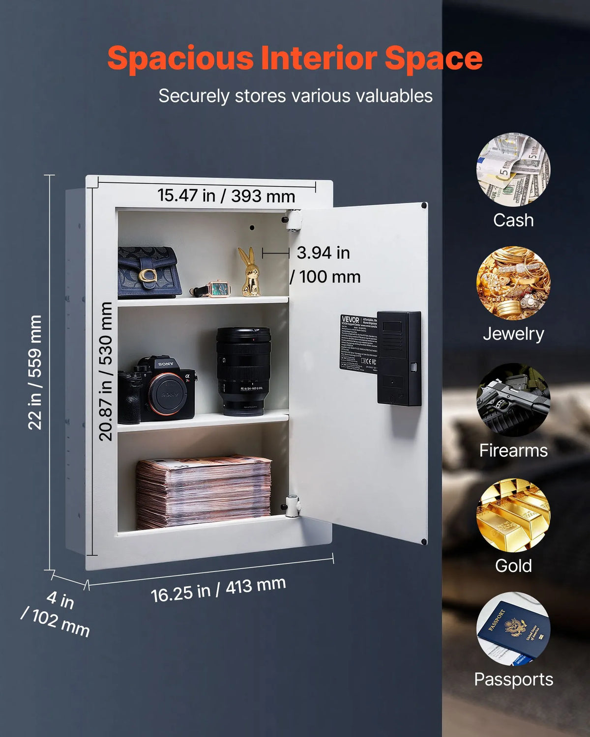 VEVOR Wall Safe with Hidden Installation, 3-Level In-Wall Safe with Password, Key and Rotary Handle Unlock, Q235 Cold-Rolled Steel Body with Adjustable Shelves and Mounting Openings for Money, Jewellery and Documents, White