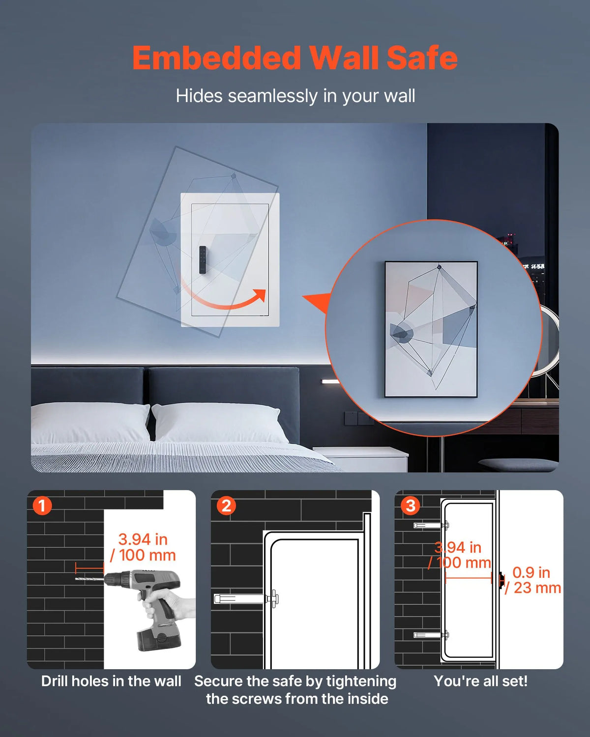 VEVOR Wall Safe with Hidden Installation, 3-Level In-Wall Safe with Password, Key and Rotary Handle Unlock, Q235 Cold-Rolled Steel Body with Adjustable Shelves and Mounting Openings for Money, Jewellery and Documents, White