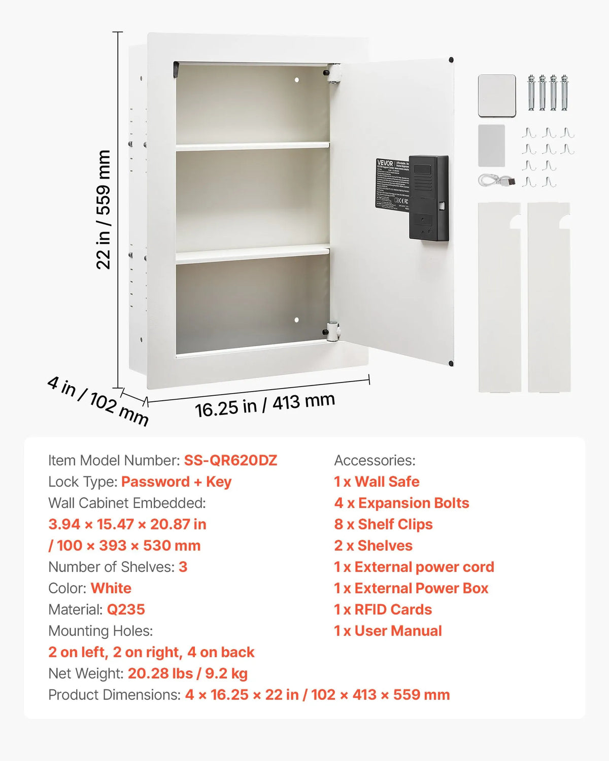 VEVOR Wall Safe with Hidden Installation, 3-Level In-Wall Safe with Password, Key and Rotary Handle Unlock, Q235 Cold-Rolled Steel Body with Adjustable Shelves and Mounting Openings for Money, Jewellery and Documents, White