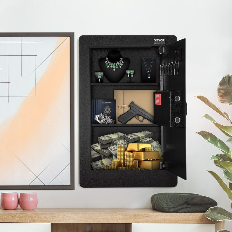 VEVOR sienas seifs, augstums 65 cm, 3 līmeņu slēptais seifs ar ciparu tastatūru, plauktiem un atslēgu turētājiem