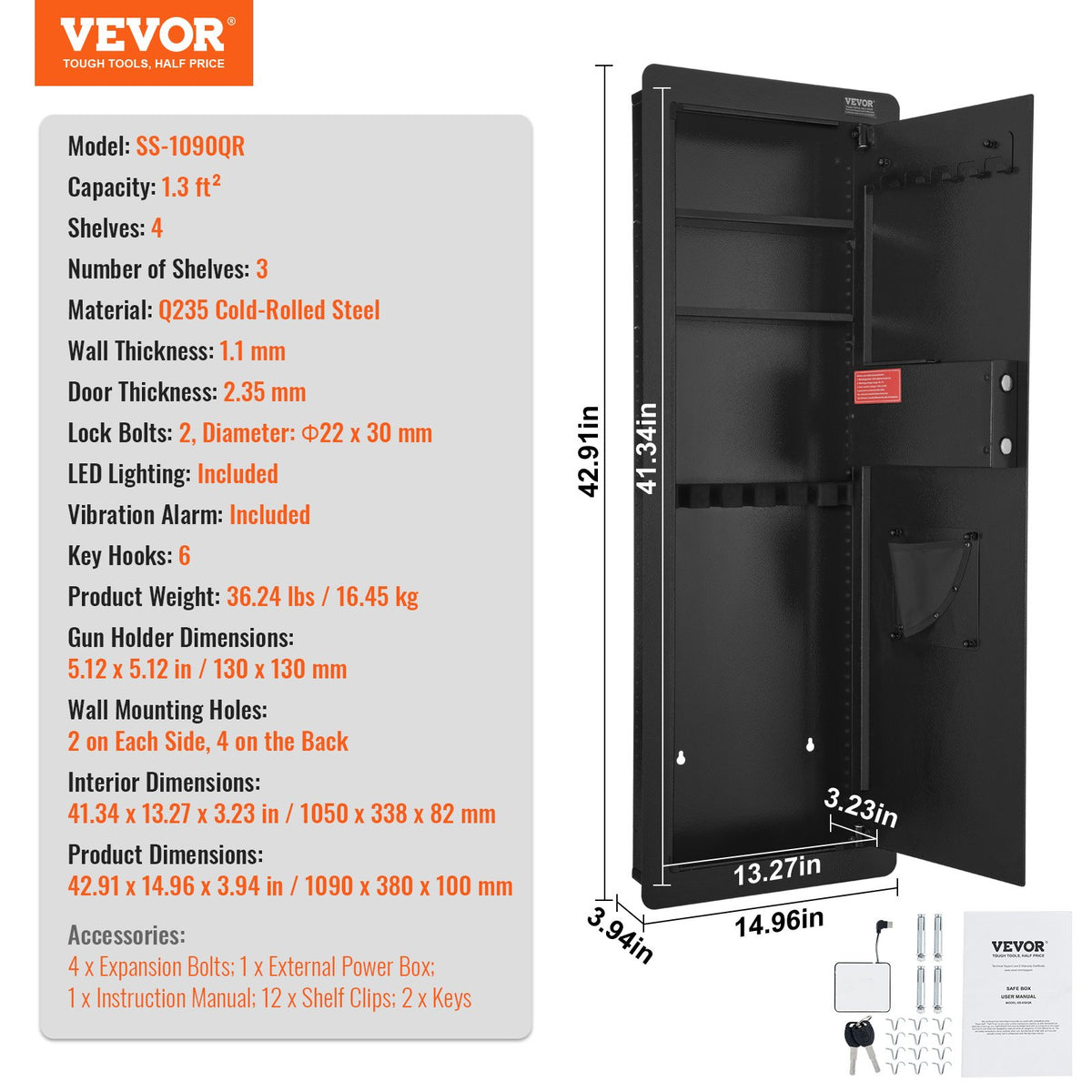 VEVOR 109 cm Tall Gun Safe, 4-Tier, Hidden Gun Safe with Keypad and Fingerprint Reader