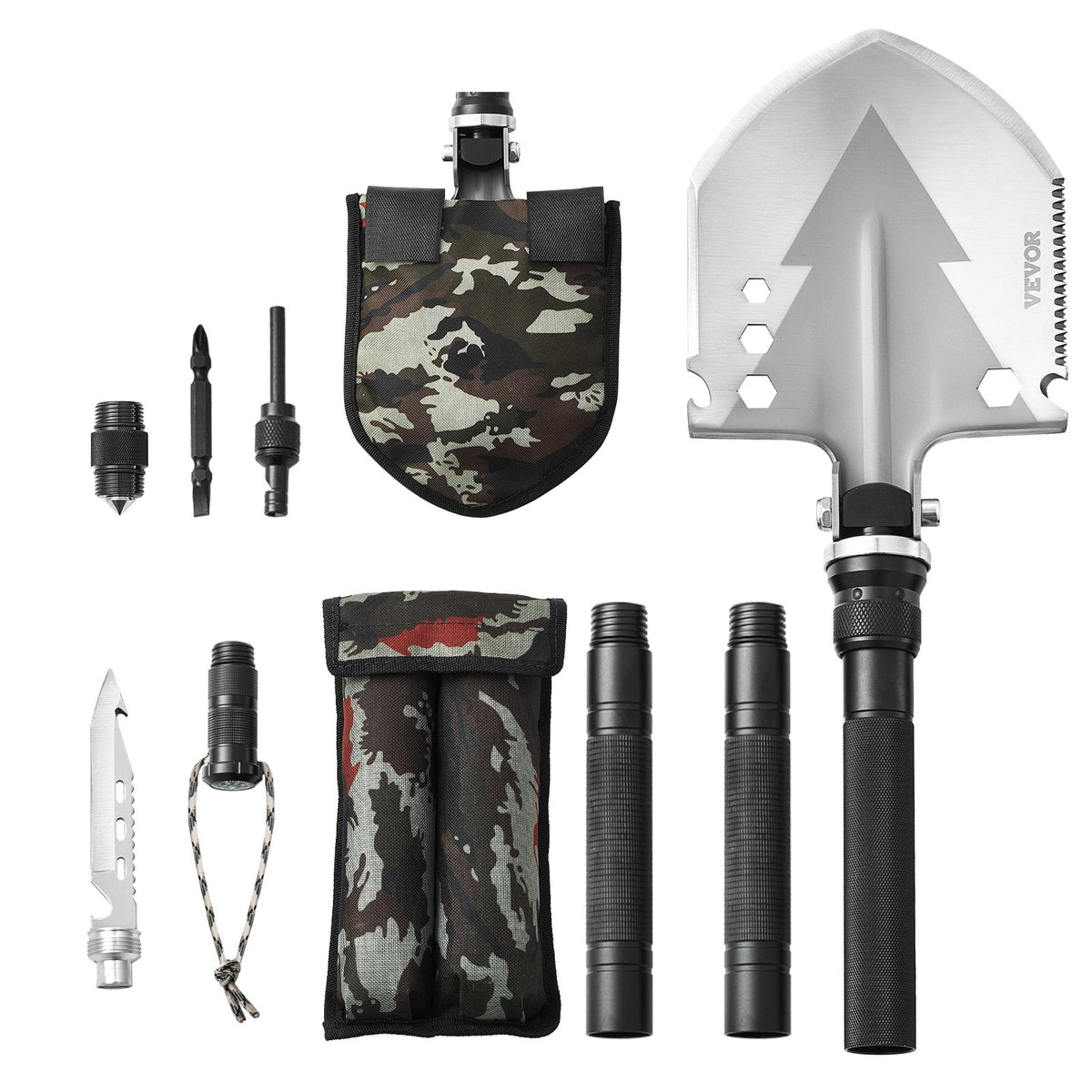 VEVOR 11-in-1 Folding Survival Tool Kit for Camping: Shovel, Knife, Compass, Whistle, Glass Breaker, Fire Starter