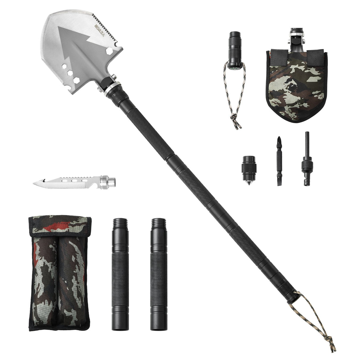 VEVOR 11-in-1 Folding Survival Tool Kit for Camping: Shovel, Knife, Compass, Whistle, Glass Breaker, Fire Starter