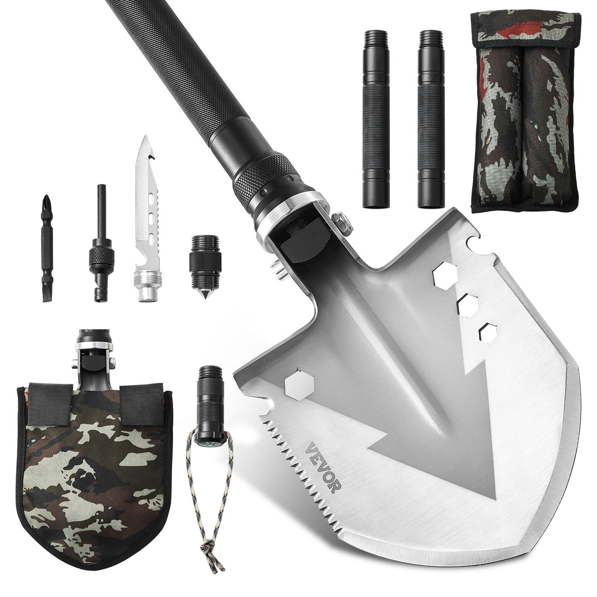 VEVOR 11-in-1 Folding Survival Tool Kit for Camping: Shovel, Knife, Compass, Whistle, Glass Breaker, Fire Starter