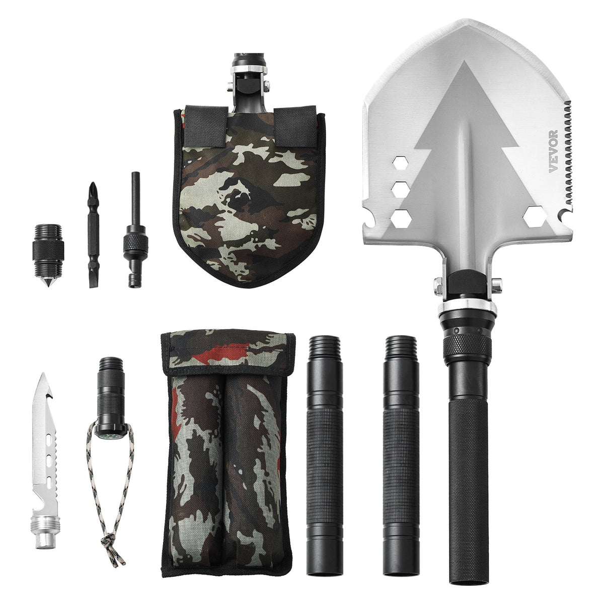 VEVOR 11-in-1 Folding Survival Tool Kit for Camping: Shovel, Knife, Compass, Whistle, Glass Breaker, Fire Starter