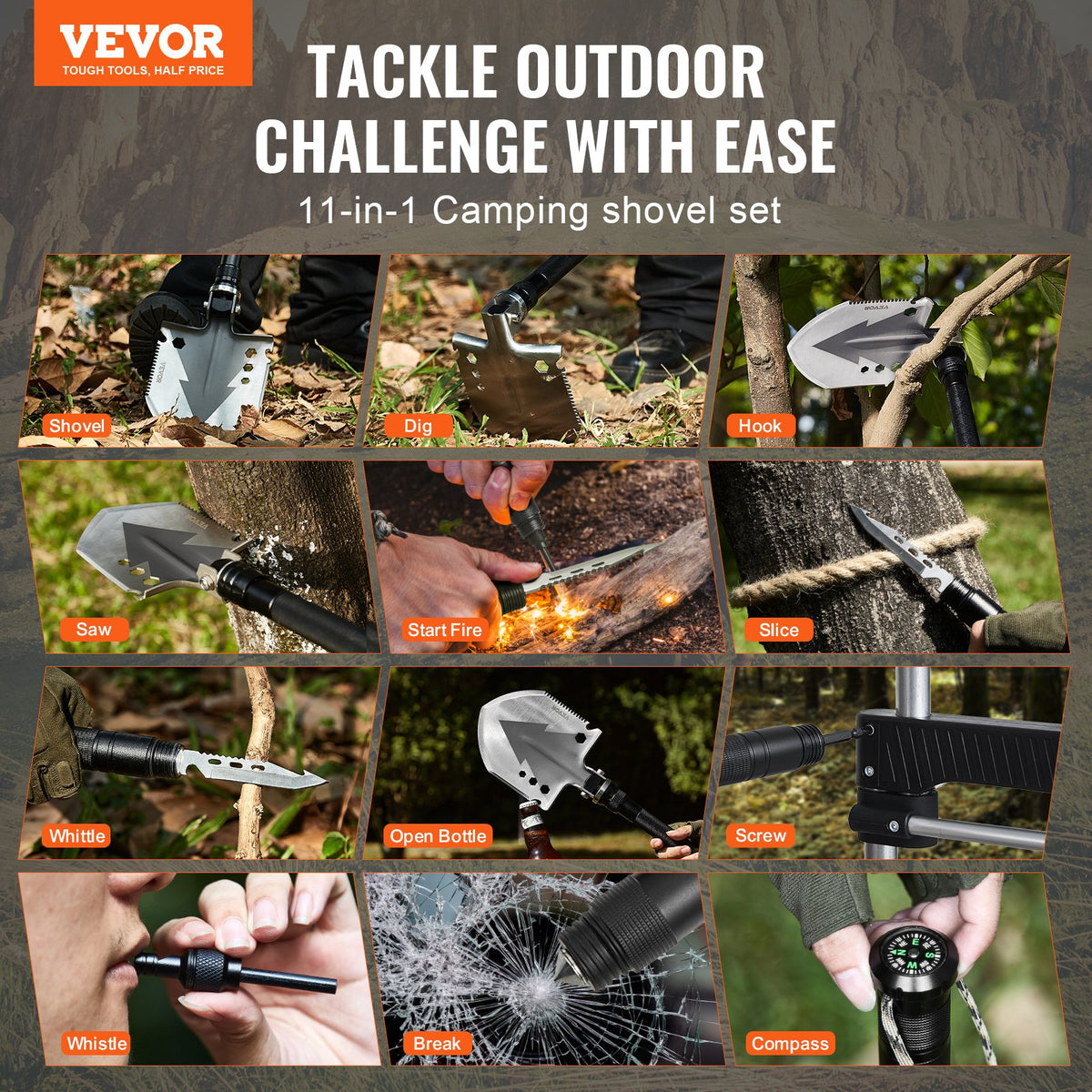 VEVOR 11-in-1 Folding Survival Tool Kit for Camping: Shovel, Knife, Compass, Whistle, Glass Breaker, Fire Starter