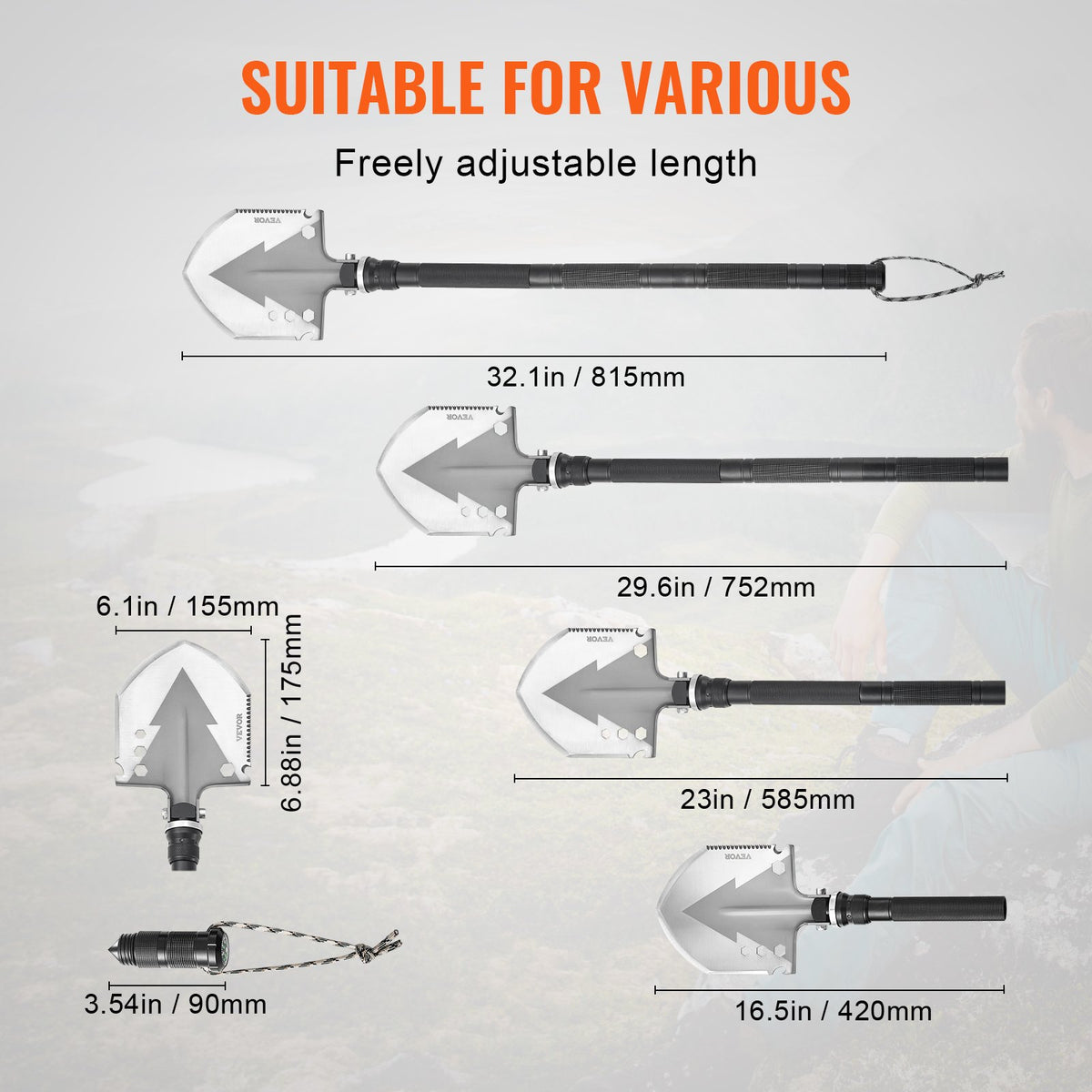 VEVOR 11-in-1 Folding Survival Tool Kit for Camping: Shovel, Knife, Compass, Whistle, Glass Breaker, Fire Starter