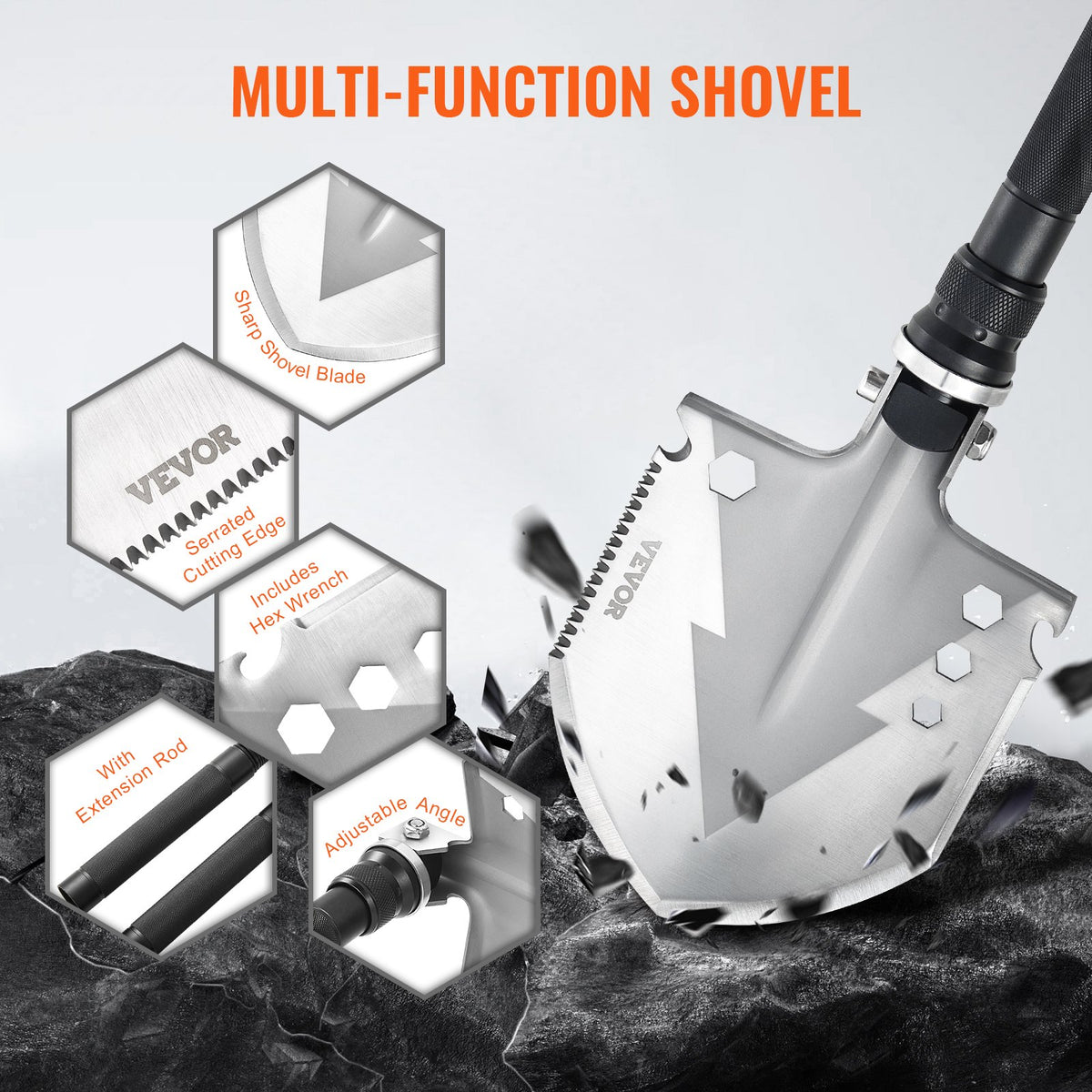 VEVOR 11-in-1 Folding Survival Tool Kit for Camping: Shovel, Knife, Compass, Whistle, Glass Breaker, Fire Starter