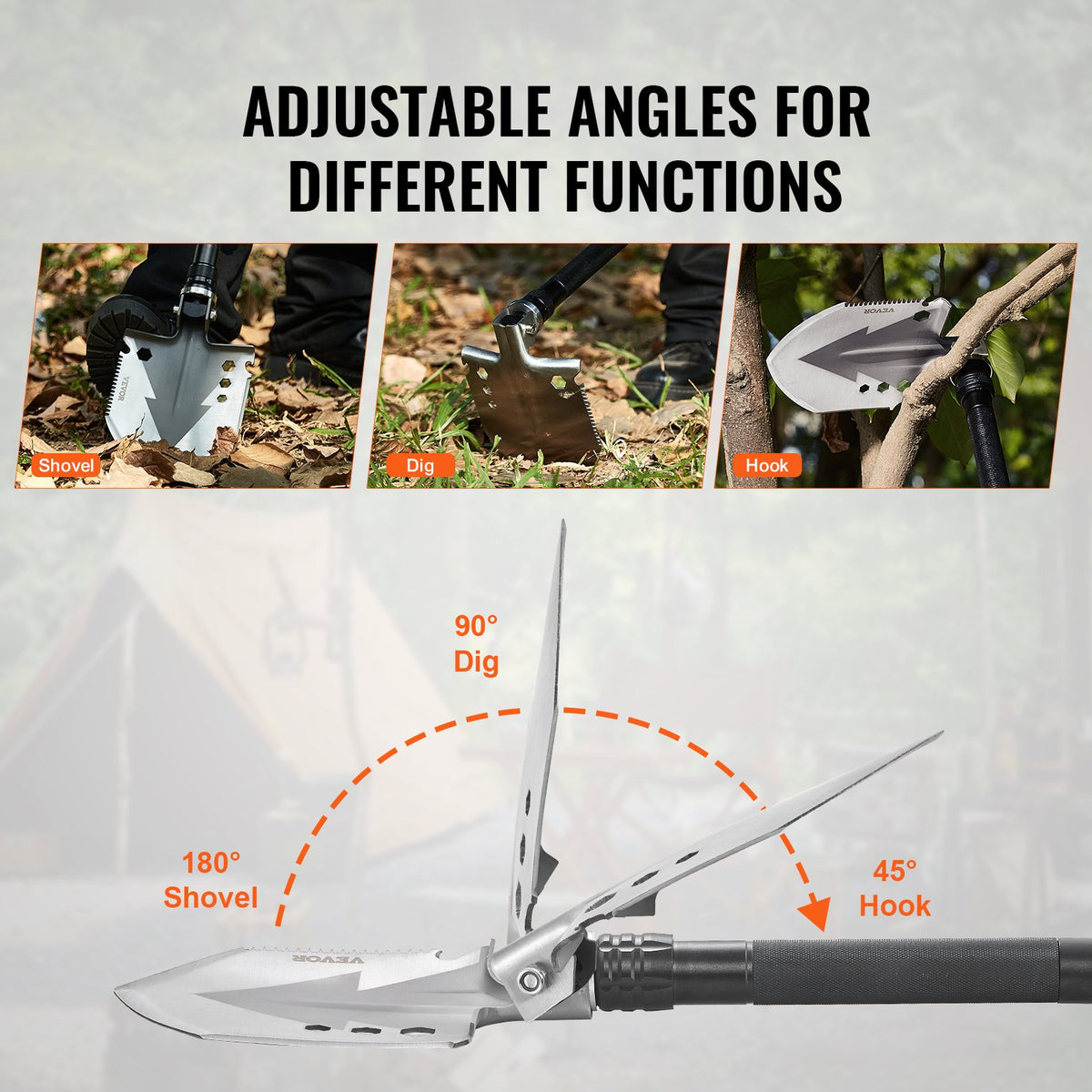 VEVOR 11-in-1 Folding Survival Tool Kit for Camping: Shovel, Knife, Compass, Whistle, Glass Breaker, Fire Starter