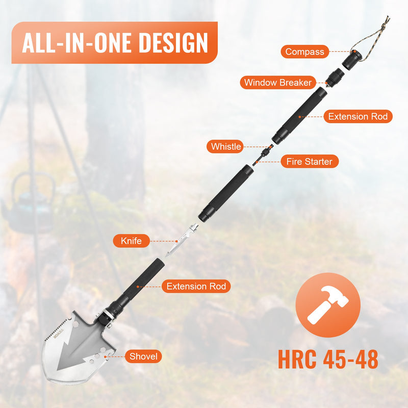 VEVOR 11-in-1 Kempinga Saliekmo Izdzīvošanas Instrumentu Komplekts: lāpsta, nazis, kompass, svilpe, stikla izsistējs, uguns iekurinātājs u.c.