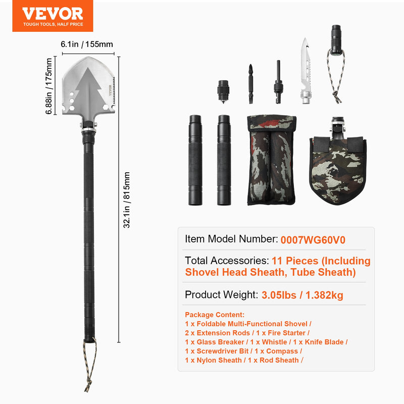 VEVOR 11-in-1  Kempinga Saliekmo Izdzīvošanas Instrumentu Komplekts: lāpsta, nazis, kompass, svilpe, stikla izsistējs, uguns iekurinātājs u.c.