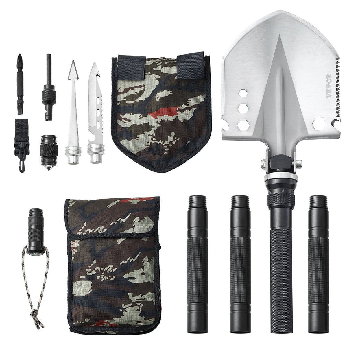 VEVOR 13-in-1 Foldable Survival Tool Kit for Camping: Shovel, Knife, Compass, Whistle, Glass Breaker, Fire Starter