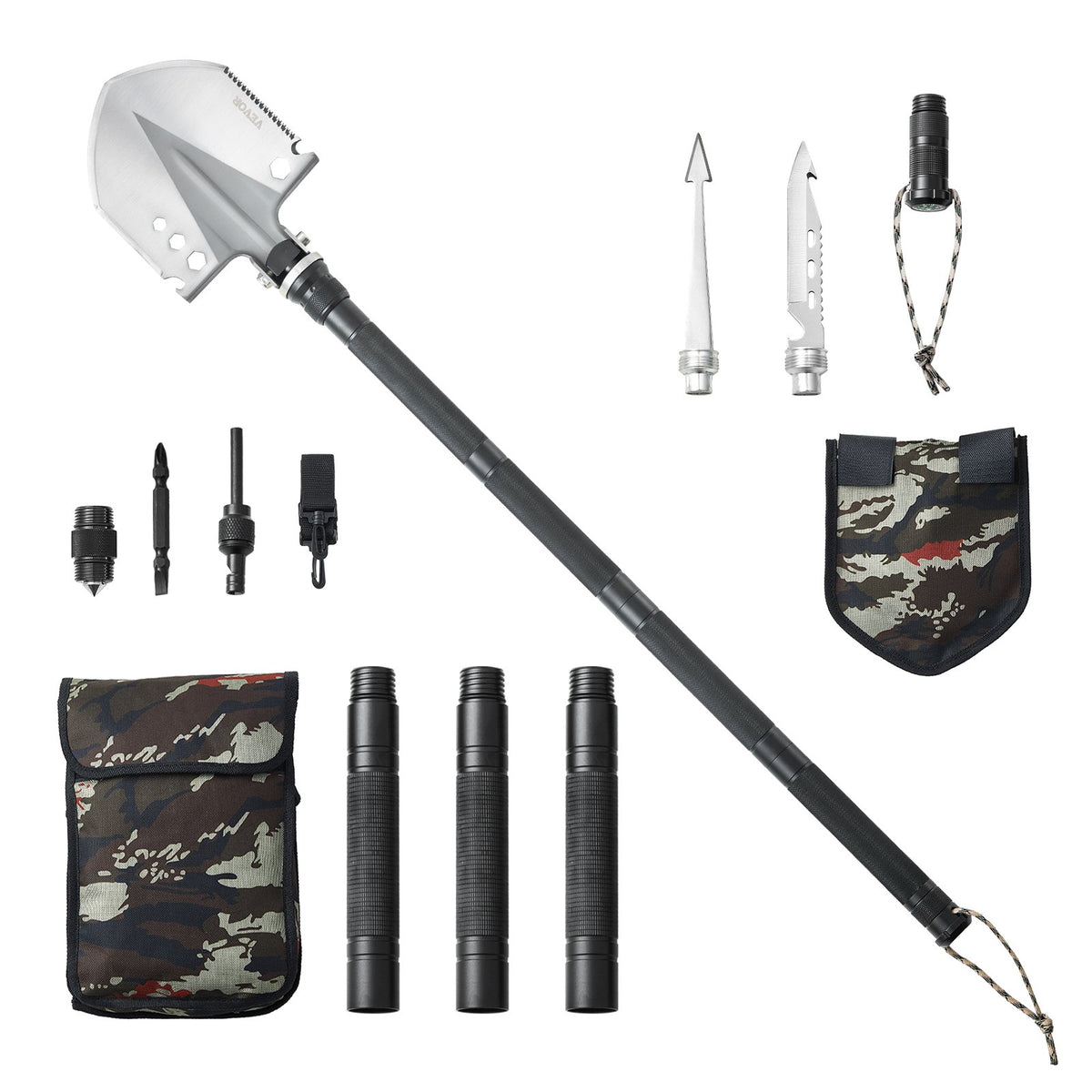 VEVOR 13-in-1 Foldable Survival Tool Kit for Camping: Shovel, Knife, Compass, Whistle, Glass Breaker, Fire Starter