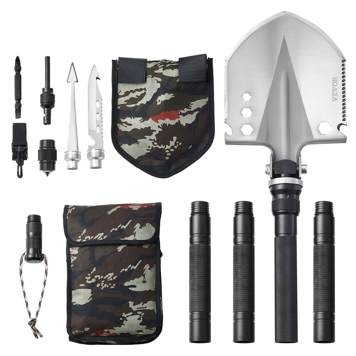 VEVOR 13-in-1 Foldable Survival Tool Kit for Camping: Shovel, Knife, Compass, Whistle, Glass Breaker, Fire Starter