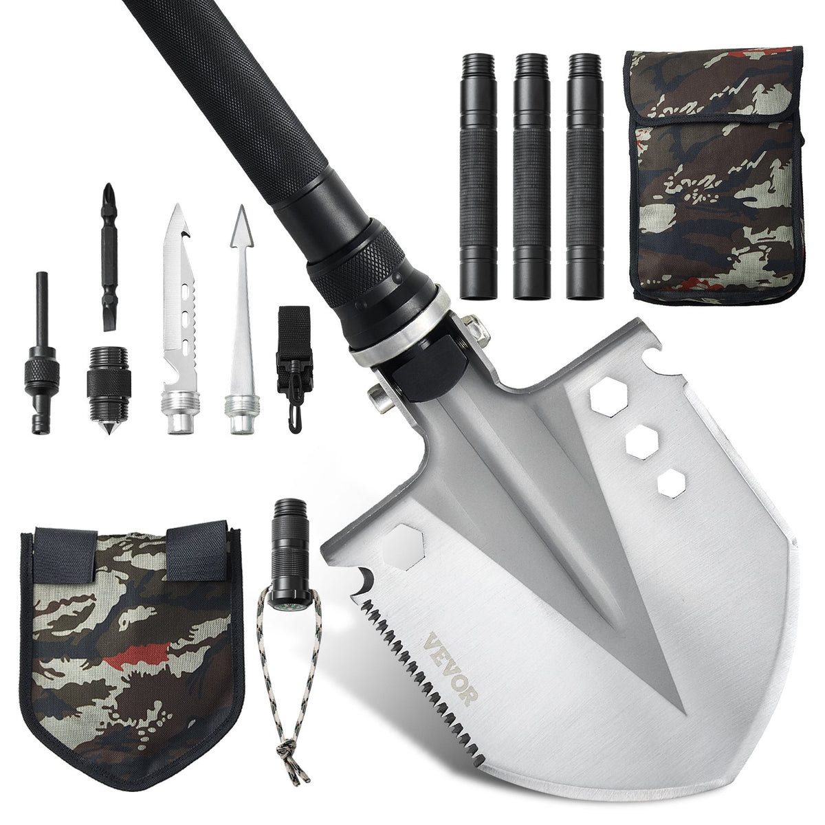 VEVOR 13-in-1 Foldable Survival Tool Kit for Camping: Shovel, Knife, Compass, Whistle, Glass Breaker, Fire Starter