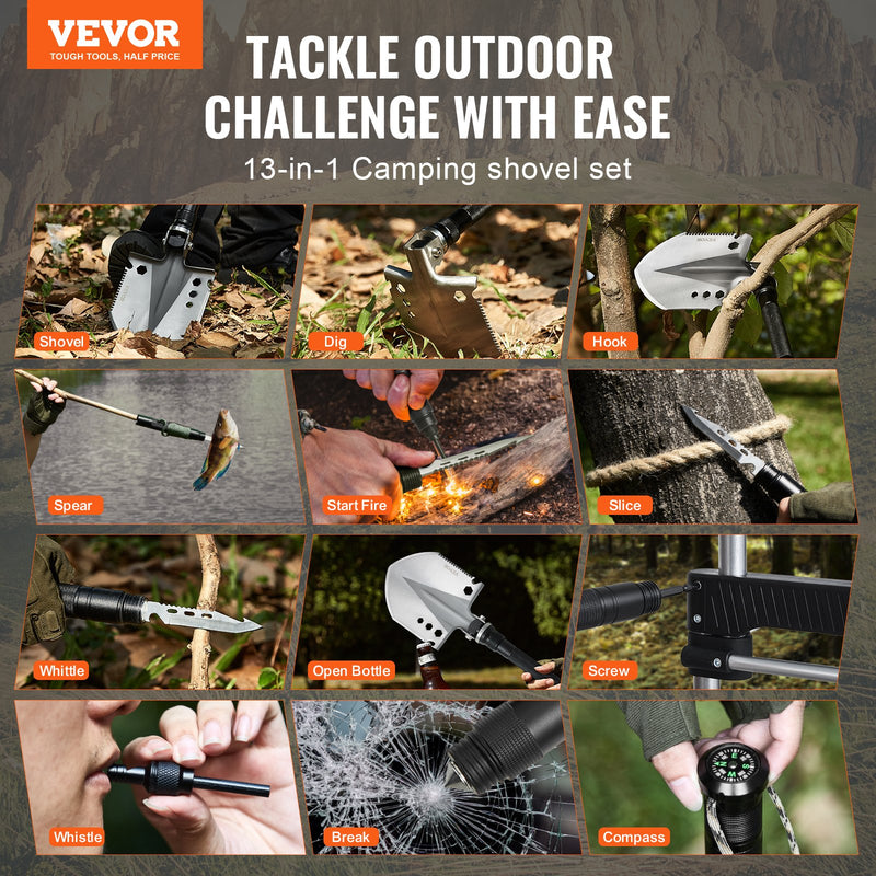 13-in-1 Kempinga Saliekmo Izdzīvošanas Instrumentu Komplekts: lāpsta, nazis, kompass, svilpe, stikla izsistējs, uguns iekurinātājs u.c.