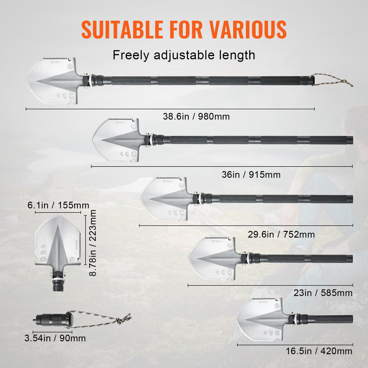 VEVOR 13-in-1 Foldable Survival Tool Kit for Camping: Shovel, Knife, Compass, Whistle, Glass Breaker, Fire Starter