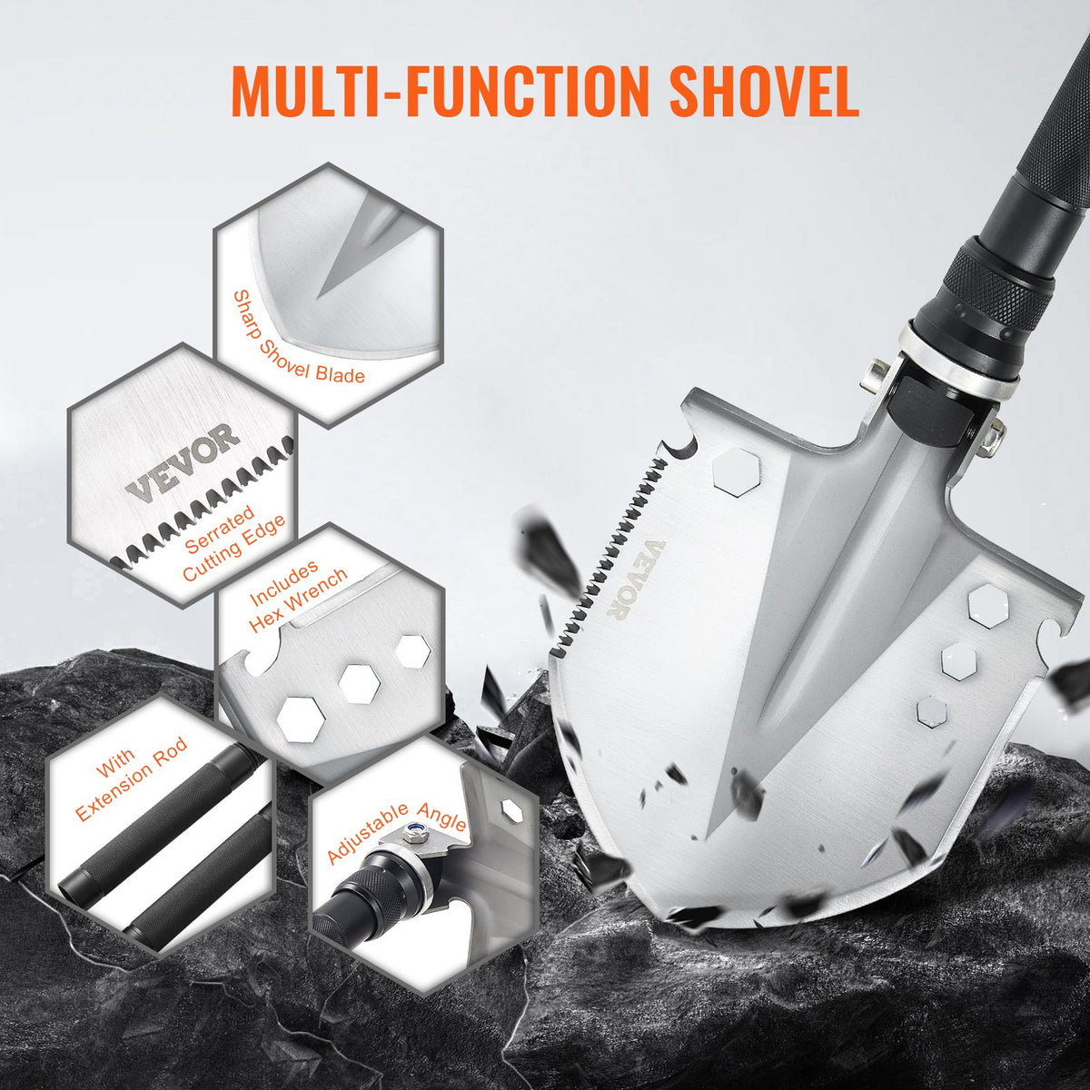VEVOR 13-in-1 Foldable Survival Tool Kit for Camping: Shovel, Knife, Compass, Whistle, Glass Breaker, Fire Starter