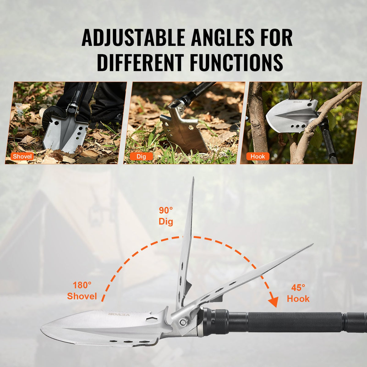VEVOR 13-in-1 Foldable Survival Tool Kit for Camping: Shovel, Knife, Compass, Whistle, Glass Breaker, Fire Starter