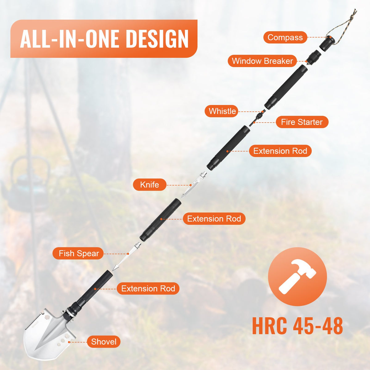 VEVOR 13-in-1 Foldable Survival Tool Kit for Camping: Shovel, Knife, Compass, Whistle, Glass Breaker, Fire Starter