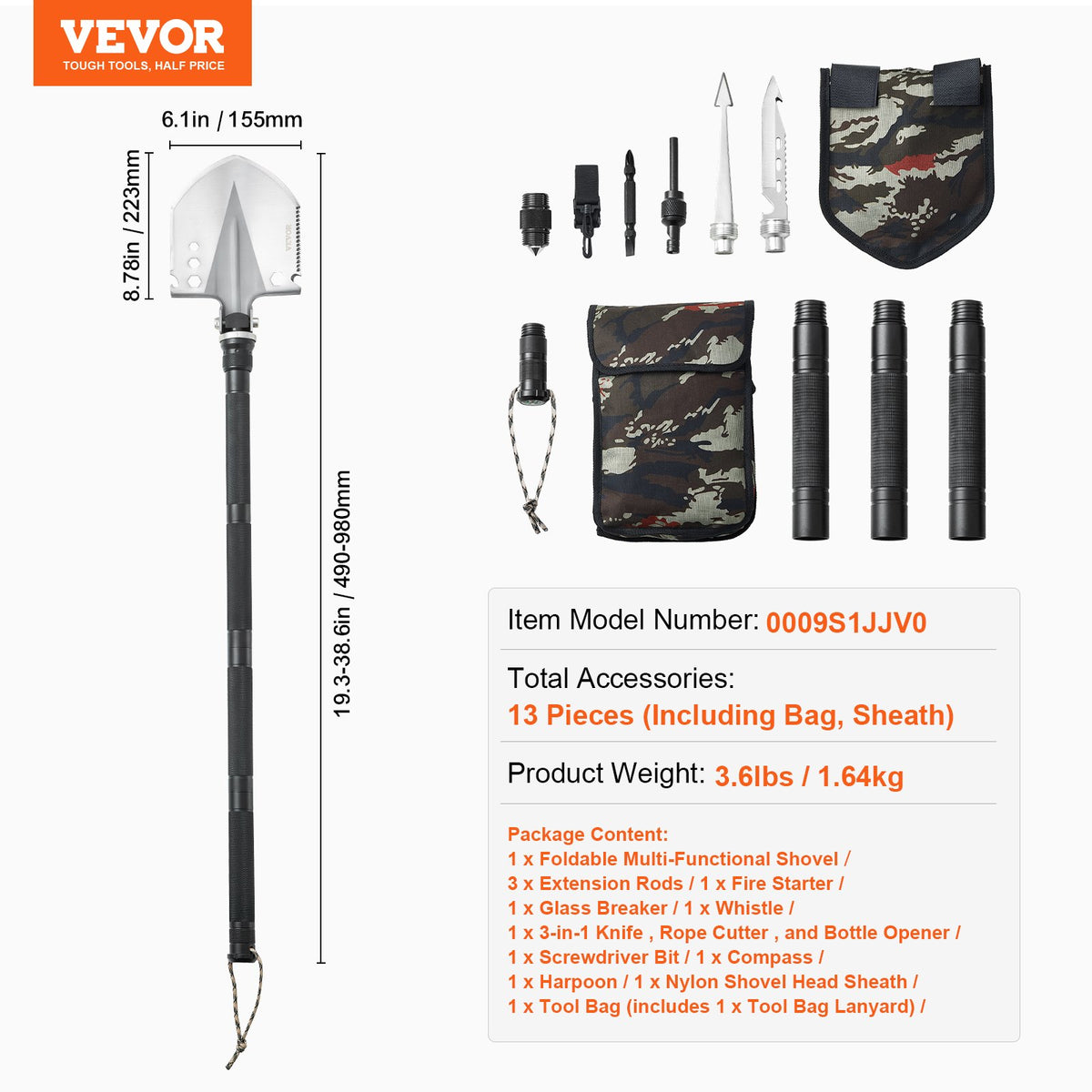 VEVOR 13-in-1 Foldable Survival Tool Kit for Camping: Shovel, Knife, Compass, Whistle, Glass Breaker, Fire Starter