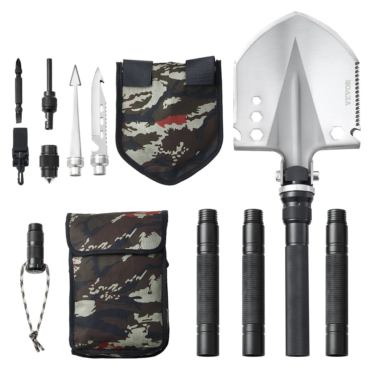 VEVOR 13-in-1 Foldable Survival Tool Kit for Camping: Shovel, Knife, Compass, Whistle, Glass Breaker, Fire Starter