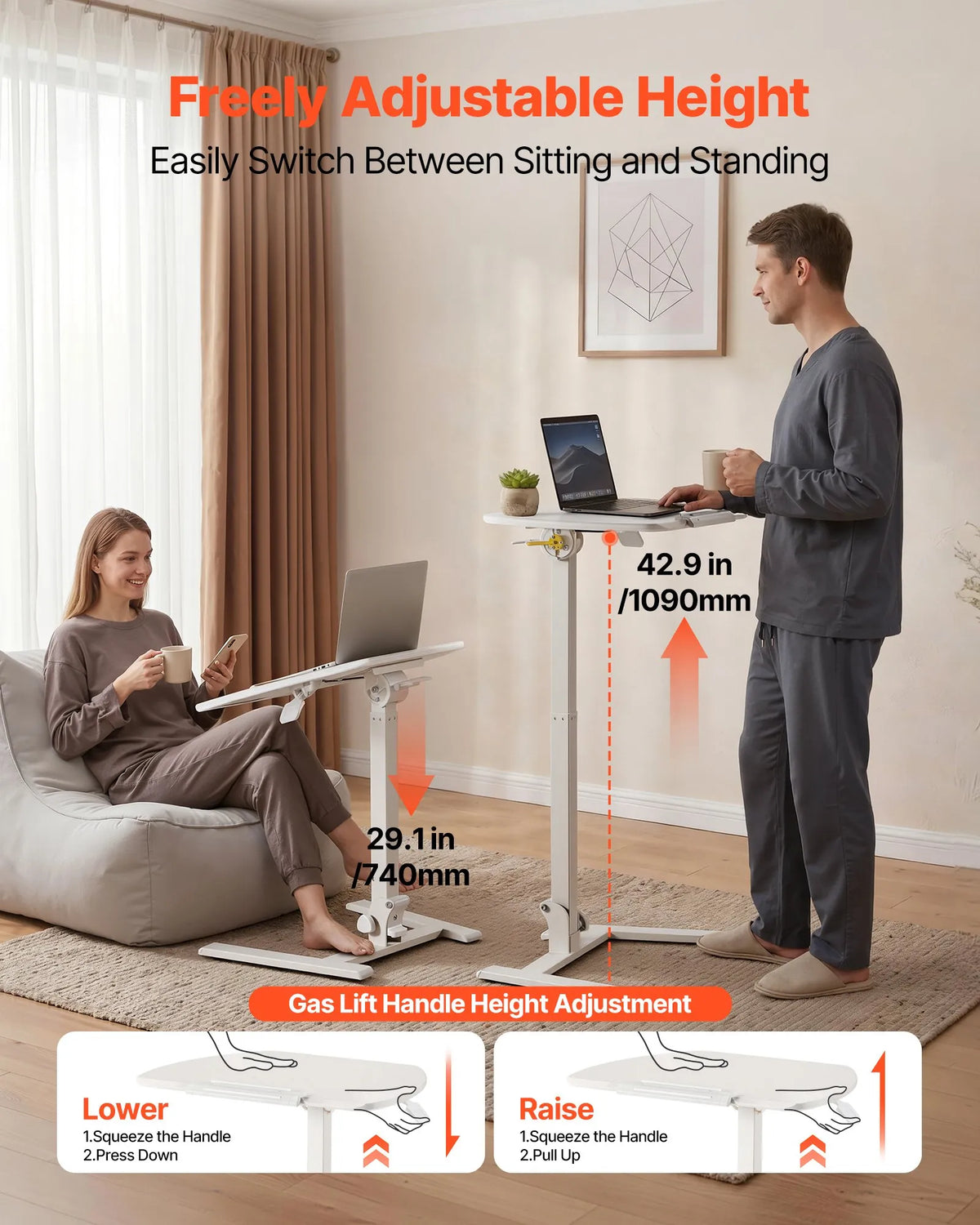 VEVOR Fully Assembled Mobile Sit-Stand Work Table with Adjustable Height, Tilting Surface, Pneumatic Lifting and 15 kg Load Capacity, 650 × 480 mm