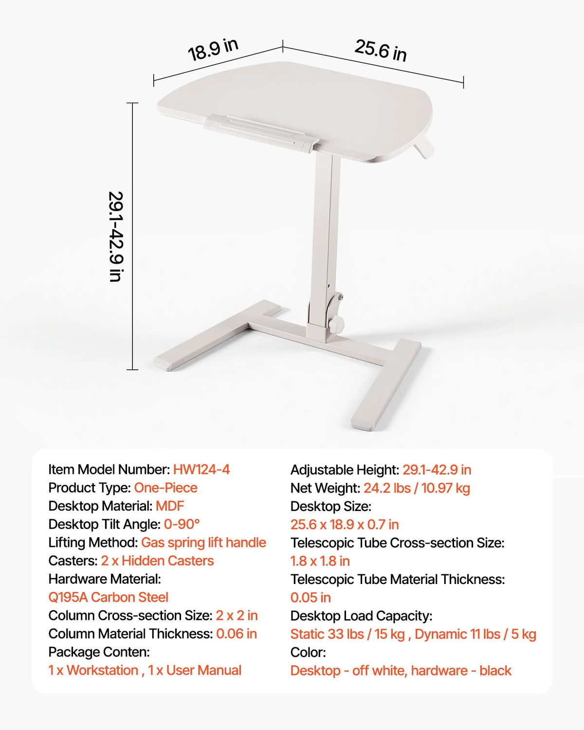 VEVOR Fully Assembled Mobile Sit-Stand Work Table with Adjustable Height, Tilting Surface, Pneumatic Lifting and 15 kg Load Capacity, 650 × 480 mm