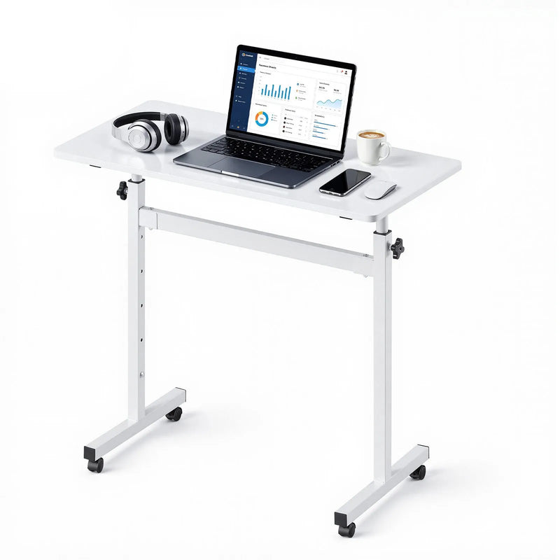 VEVOR mobilais sēdus-stāvus darba galds ar regulējamu augstumu, bloķējamiem riteņiem, āķi un 25 kg slodzi, 810 × 410 mm, balts