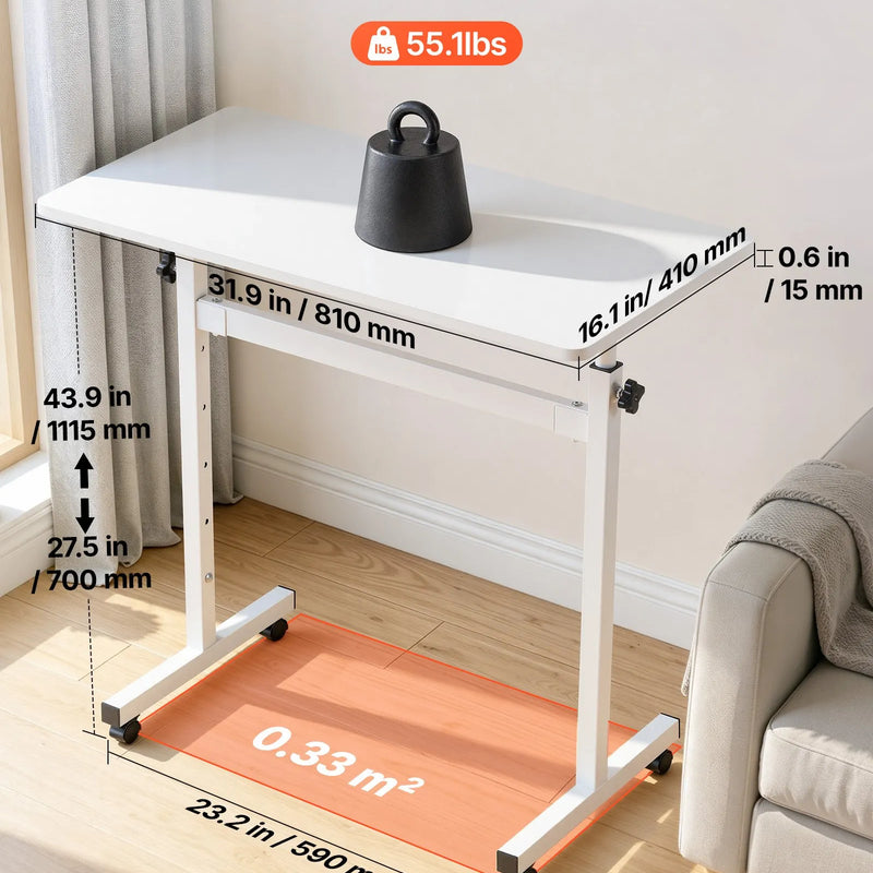 VEVOR mobilais sēdus-stāvus darba galds ar regulējamu augstumu, bloķējamiem riteņiem, āķi un 25 kg slodzi, 810 × 410 mm, balts