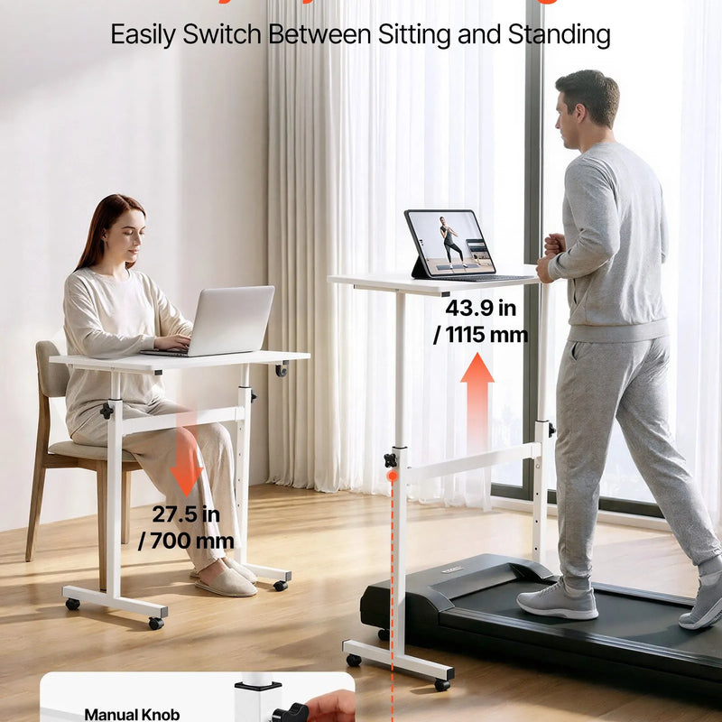 VEVOR mobilais sēdus-stāvus darba galds ar regulējamu augstumu, bloķējamiem riteņiem, āķi un 25 kg slodzi, 810 × 410 mm, balts