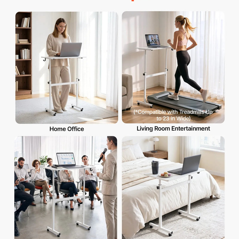 VEVOR mobilais sēdus-stāvus darba galds ar regulējamu augstumu, bloķējamiem riteņiem, āķi un 25 kg slodzi, 810 × 410 mm, balts
